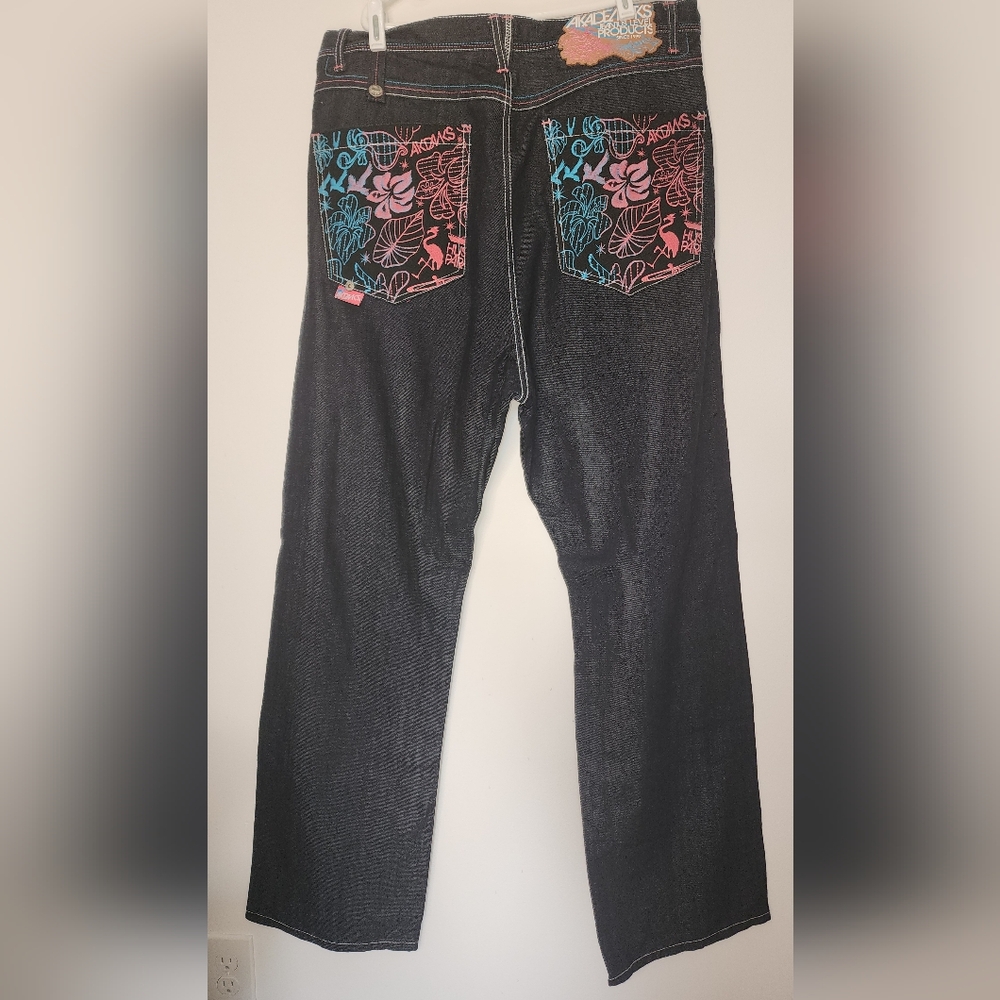 Akademiks Jeans Mens 38 Dark Wash Embroidered Tropical Flamingo Streetwear Y2K